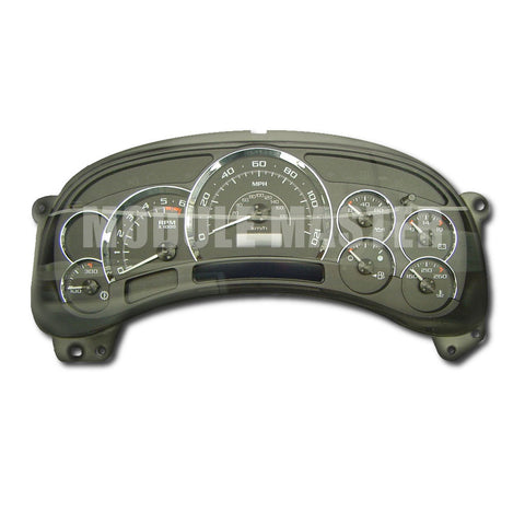Cadillac Escalade instrument cluster with seven gauges and small screen at bottom of cluster.