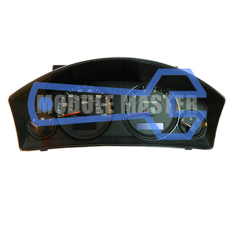 Jeep instrument cluster with four gauges and two small LCD screens.