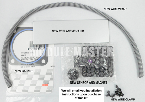 Volvo Throttle Body Kit with sensor, magnet, gasket, wire clamp and wrap, and new replacement lid.