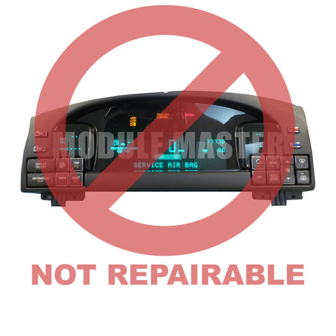 Cadillac Deville Digital Instrument Cluster with LCD screen and buttons. Power is on and the screen and various lights are lit. Red watermark that says not repairable across cluster.