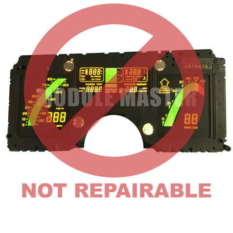 Chevrolet Corvette Instrument Cluster with various screens powered on and showing displays. Red watermark that says not repairable across cluster.