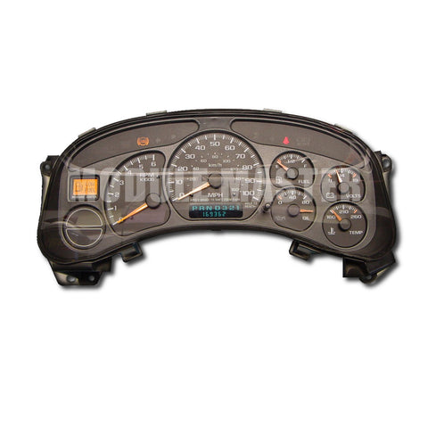 Chevrolet and GMC instrument cluster with six gauges and a small LCD screen beneath the speedometer. Low Fuel, ABS< and Seatbelt light are lit.