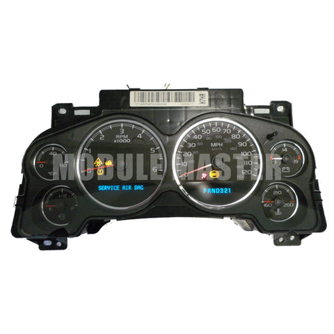 Chevrolet and GMC instrument cluster with six gauges and two LCD screens. Unit is powered up and various lights are on.