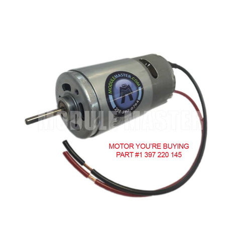 Interior motor of Mercedes Vacuum pump with red and black wires coming out of one side. Part #1 397 220 145 is listed.