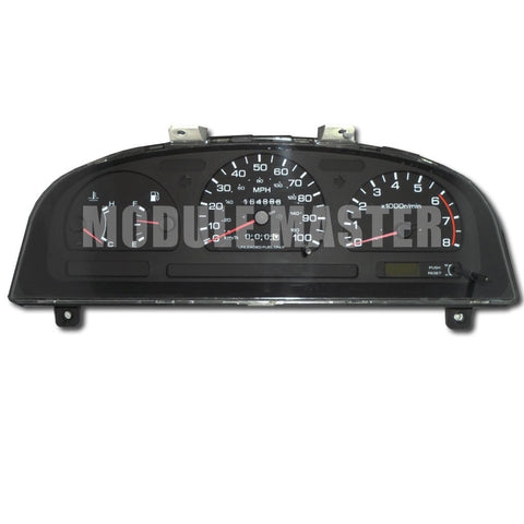 Nissan Pathfinder instrument cluster with four gauges. Analog odometer located on the speedometer and a small screen in bottom right of cluster.