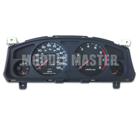Nissan Pathfinder instrument cluster with four gauges. Analog odometer located in speedometer and indicator lights on top corners.
