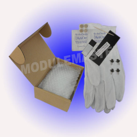 Audi Climate Control LCD Repair Kit including gloves, alcohol swabs, protective film, and LCDs- Module Rebuild