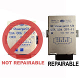 Two Hella Cruise control modules next to each other with identifying labels on the front. The shorter module has a red watermark that says not repairable over it.